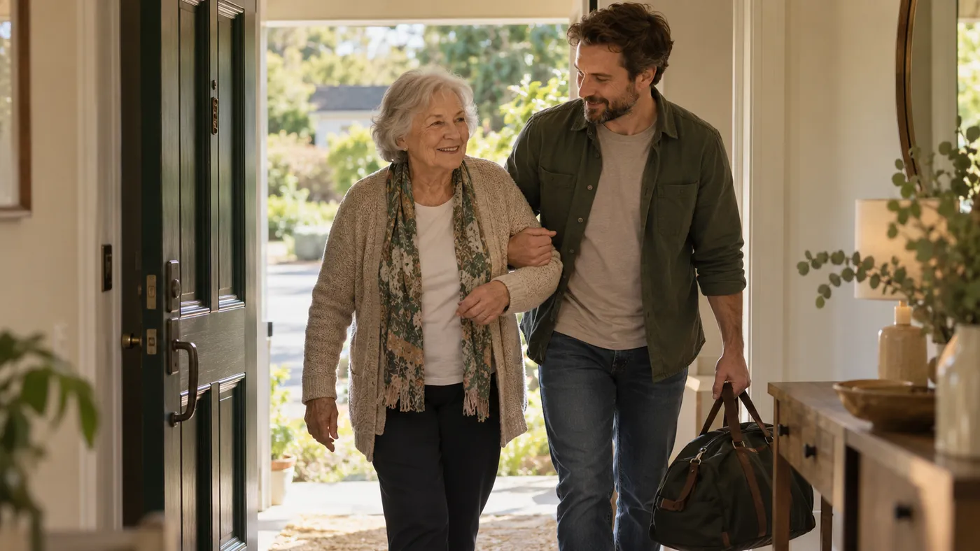 A younger man steadies an older woman as she steps through her front door, arriving home