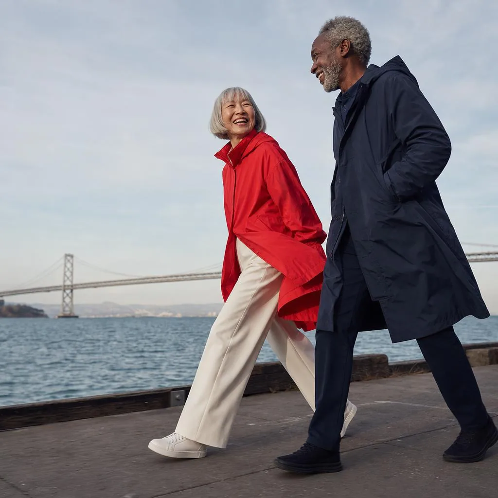 Two older adults in red and navy coats laugh while walking beside San Francisco Bay