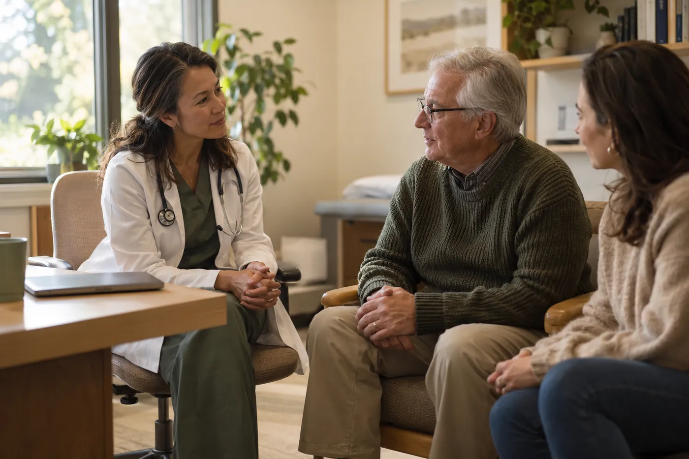 A doctor listens closely as an older man and woman talk through their care in a consultation room