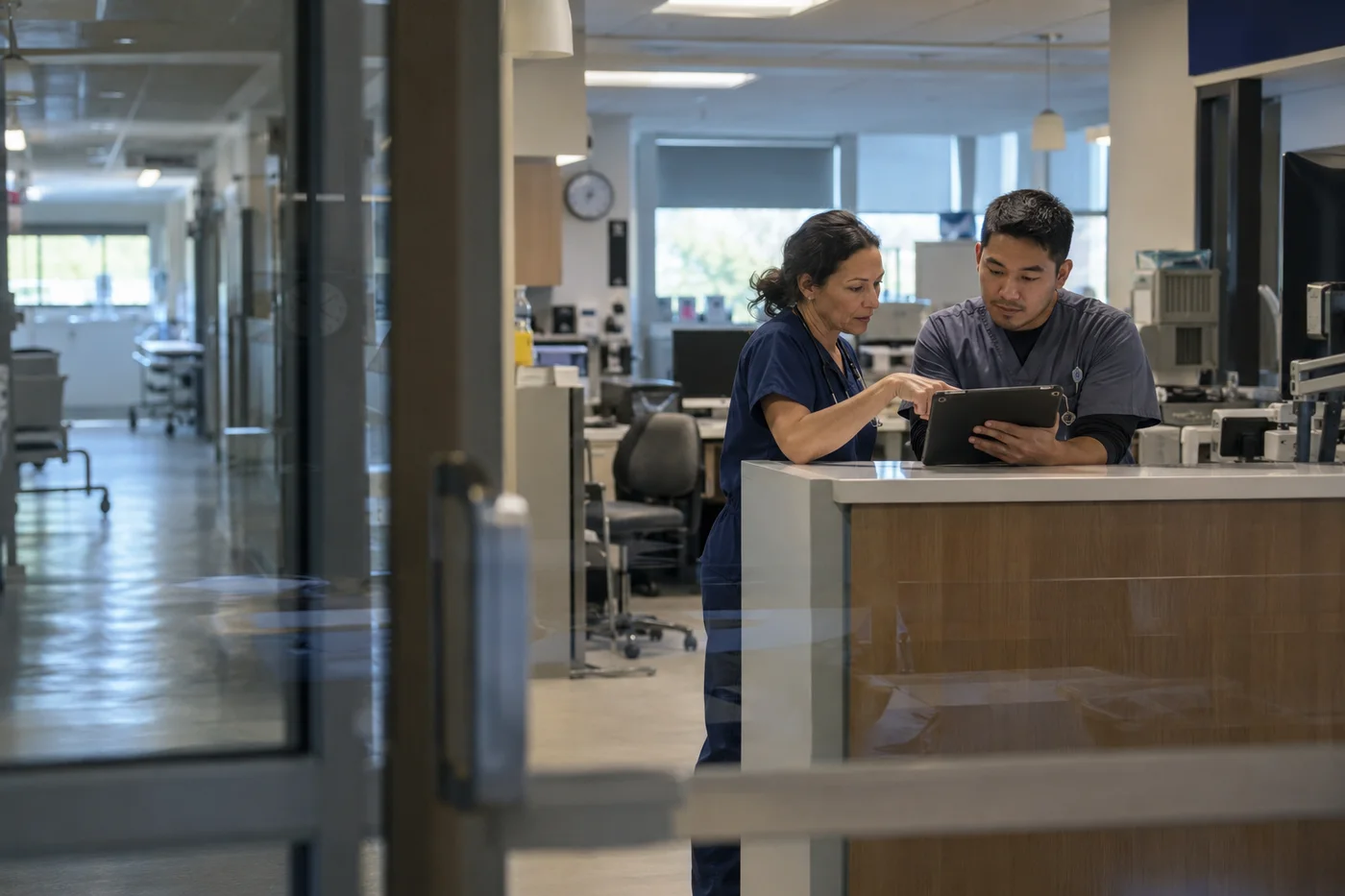 Two clinicians review a tablet together at a hospital workstation