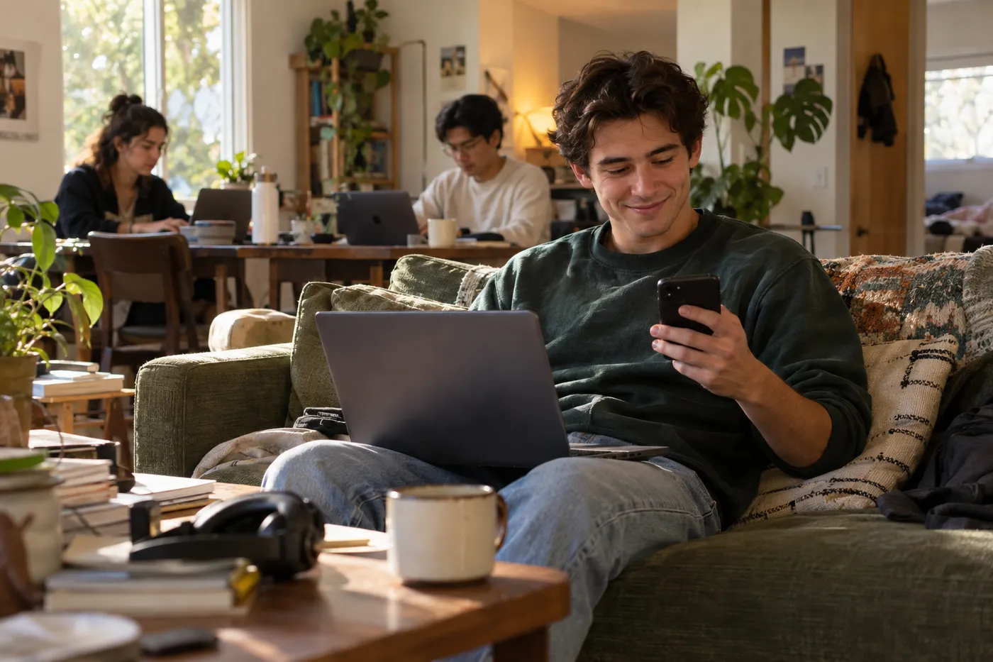 A young adult checks a phone beside an open laptop at home while two other people work in the background