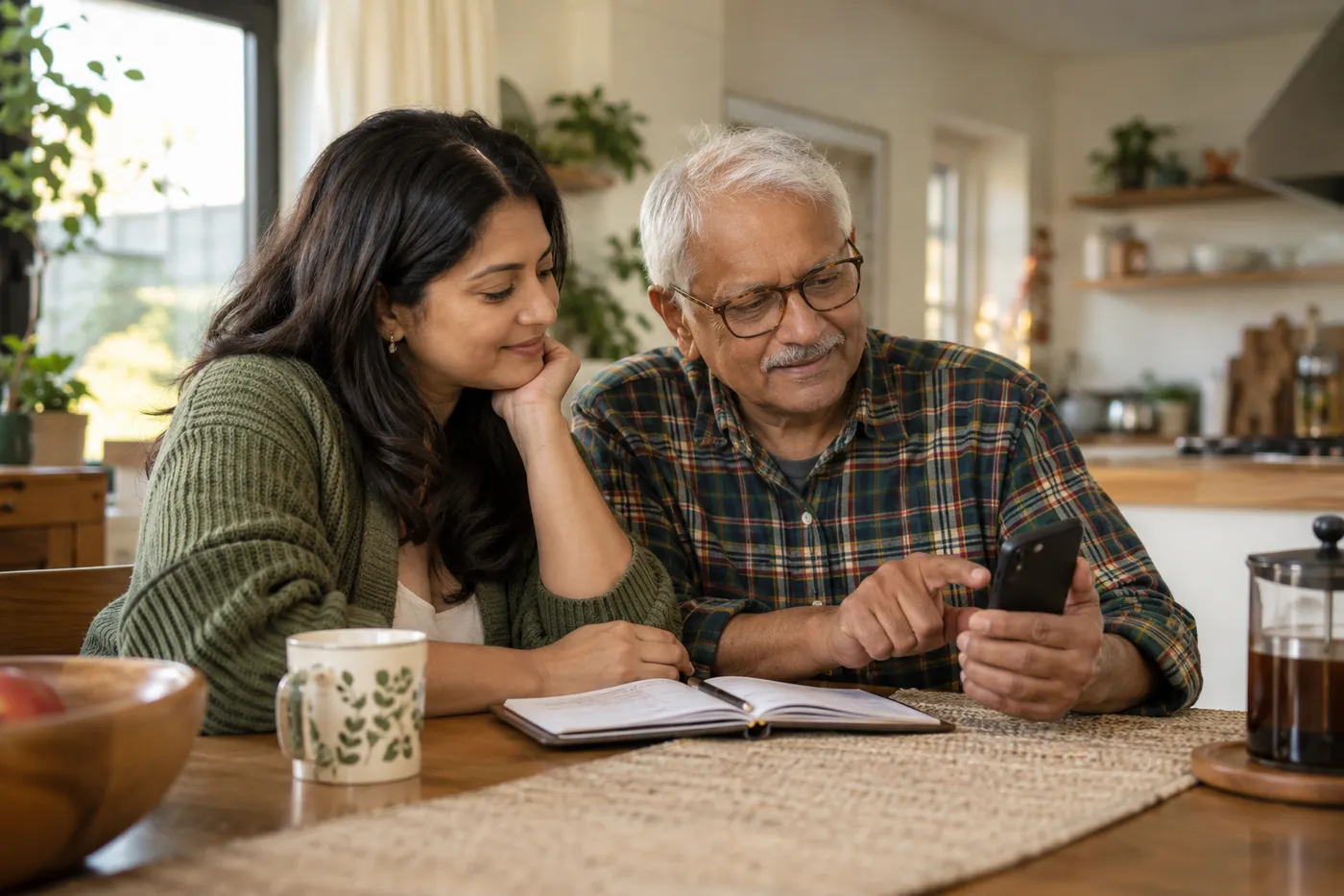 An older man and a younger woman sit close together, looking at a phone screen
