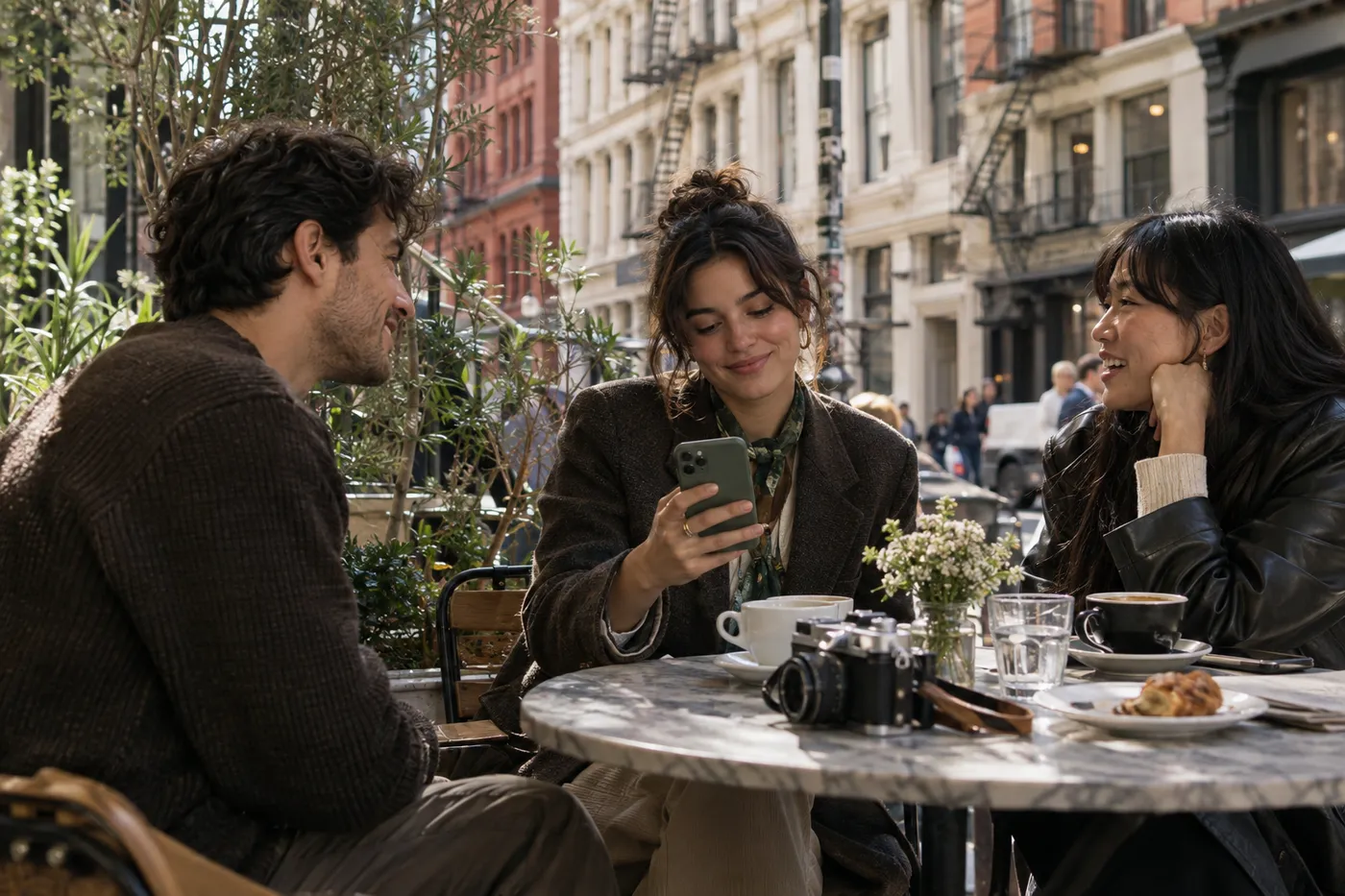 Three young friends laugh together over a phone at a cafe table