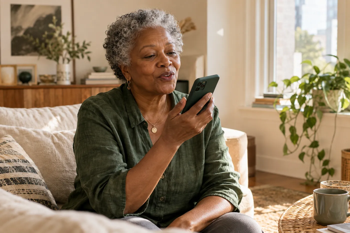 An older woman sits on her sofa at home, speaking into her phone